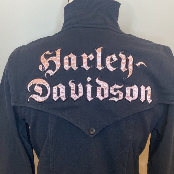 Womens Harley Davidson black full zip sweatshirt pink satin trim jeweled biker - Picture 6 of 10